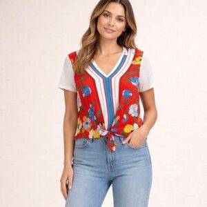 Akemi + Kin Shirt Womens XS Floral Maximalist Tie Front Boho Top Folk Inspired